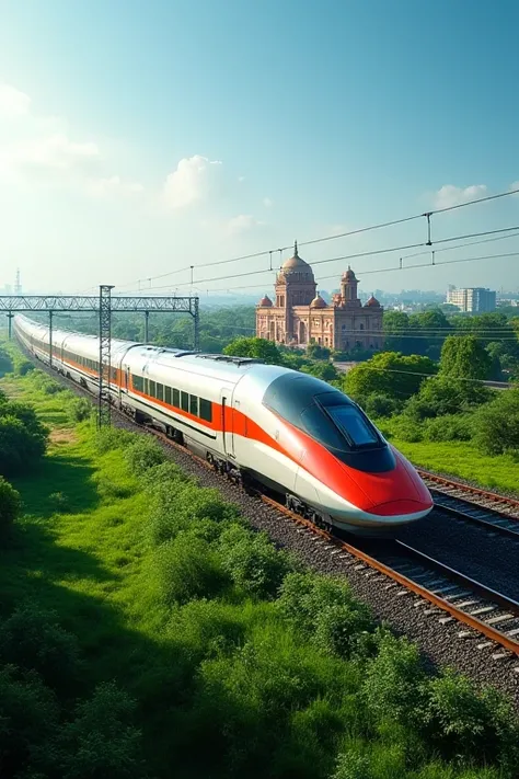 Create a photorealistic image of a high-speed bullet train traveling through the lush green landscapes of India. The train should be sleek and modern, showcasing vibrant colors and dynamic design, symbolizing speed and innovation. In the background, includ...