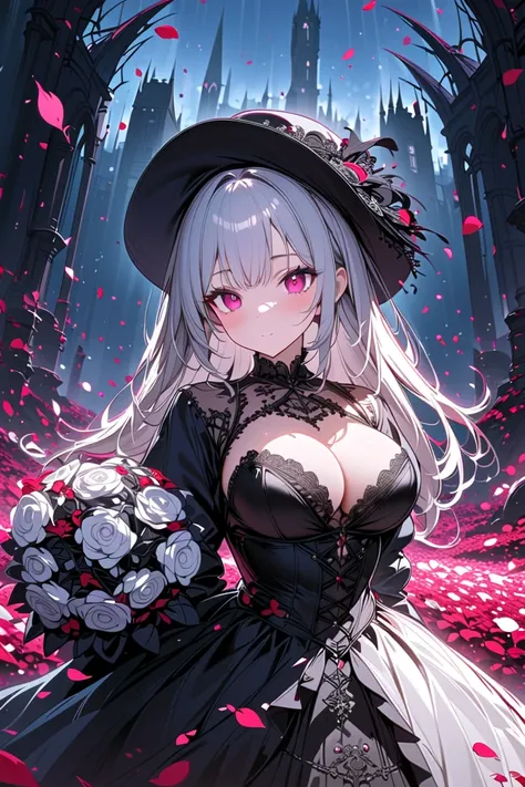  1 girl ,, Face Invisible , Black Gothic Dress ,Black Hat,white bouquet,(holding white bouquet), standing with different breasts ,Front,( black petals dance in large numbers), Rain of Petals ,Lots of petals,Countless petals, huge amount of petals ,  knight...