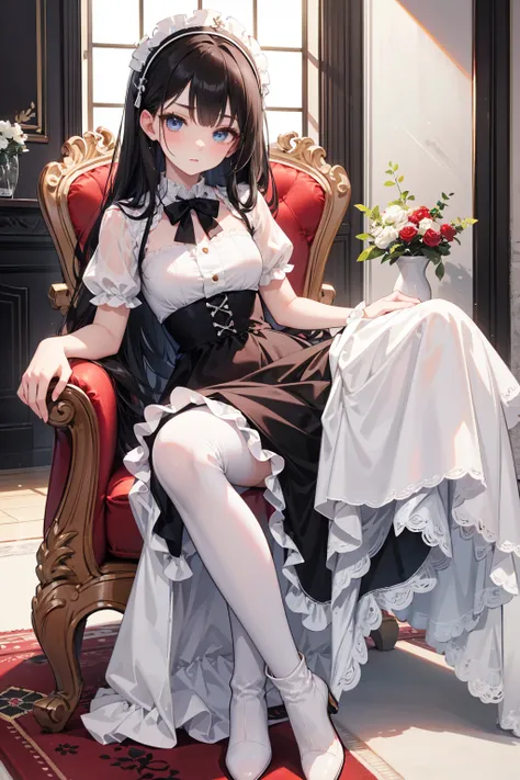  has long, dark hair ， with warm blue eyes  ，Black eyebrows、Clear and bright eyes，The lines of the facial features are soft and graceful，Cold and elegant，Refined spirit，There is no flaw at all。 The skin is white and red ，Wearing a white Lolita dress， white...