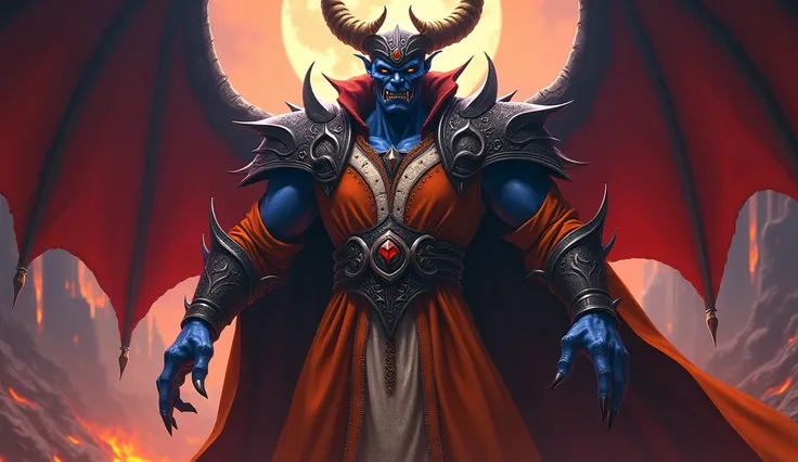 The characters face is**Blue Skin**in、 The head is huge and characteristic {x } hangs on her chest 、 emphasizes the majesty of the demon king 。頭部には巨大in特徴的な**Black and red helmet** is attached, 、In the center** and has a sense of heaviness on the shoulders ...