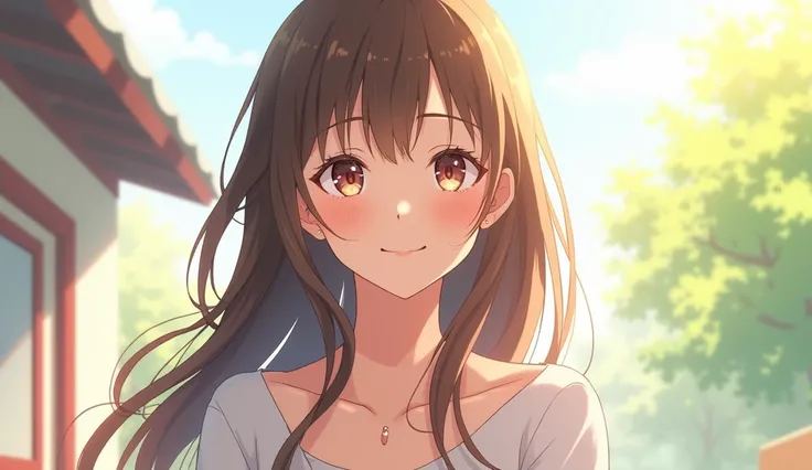 a beautiful woman smiling , Dress casually ,  anime style 