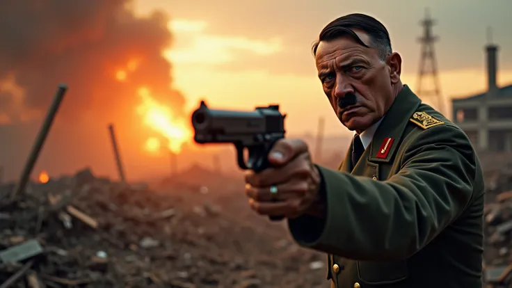 Adolf Hitler is in the right corner of the image, looking at the camera with evil , with blue eyes. Hes wearing a military uniform .  there is destruction all around you and you can see the sunset in the sky.  Hitler only occupies the right side of the ima...