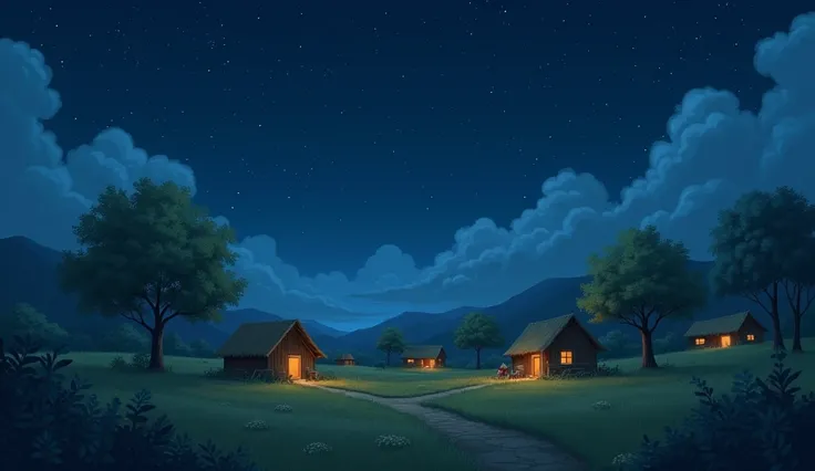 A peaceful village under the starry night sky. Small huts with dimly lit windows are visible. Crickets chirp in the background, and a gentle breeze sways the trees.