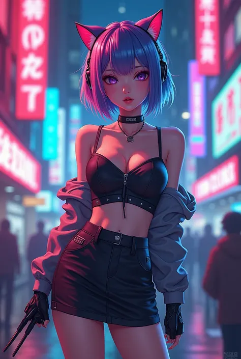  cyberpunk, skirt,  cat ears,  headset , music, Singing , Two-pronged, Pretty girl,  full body,  cute ,  Neon Sign ,  Japanese Anime Picture, fantasy fashion