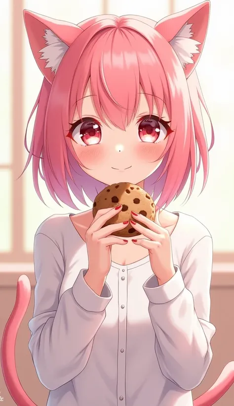 anime girl with pink hair and white shirt holding a cookie, cute anime catgirl, anime catgirl, female furry mini cute style, attractive cat girl, cat girl, female fursona, catgirl, pink fox, beautiful anime catgirl, fursona art, beautiful young catgirl, ve...