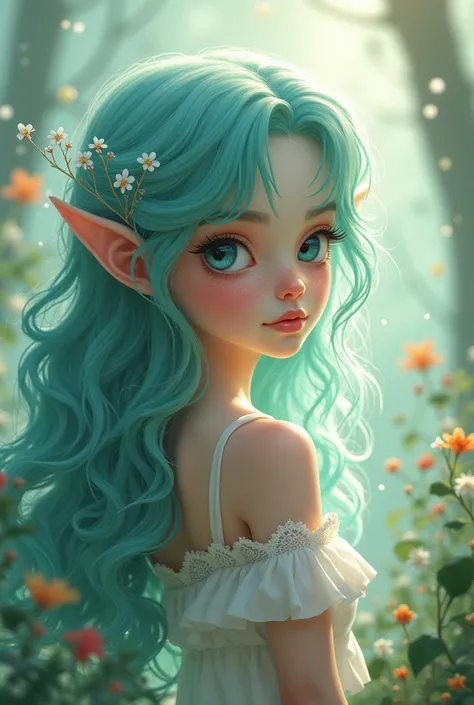 Long teal curly hair, young white woman, blue eyes, shabby chic dreamy glow, pastel woodland freckled fairy girl swirling magical fairytale abstract ArtStation style