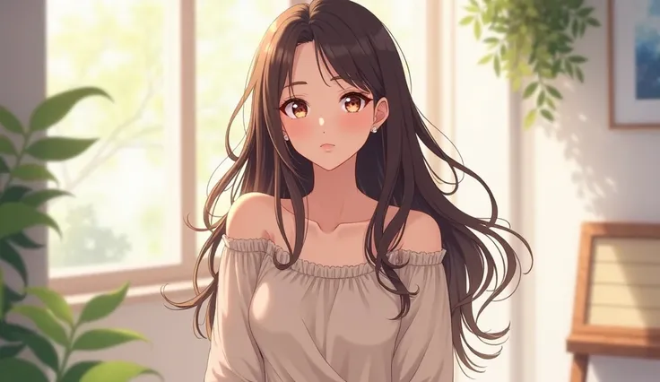 a beautiful woman smiling , Dress casually ,  anime style 