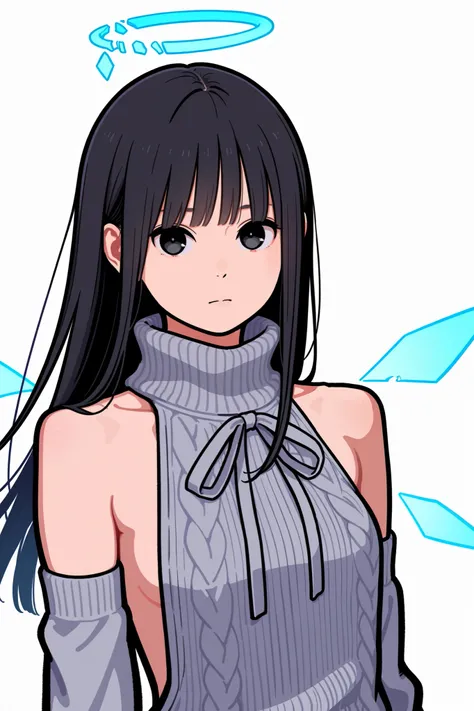 score_9, score_8_up, score_7_up, score_6_up, score_5_up, score_4_up, by miyoshi yoshimi,   1girl, black hair, blunt bangs, long hair, broken halo, black eyes, alternative clothes, virgin killer sweater, detached sleeves, gray sweater, energy wings, looking...