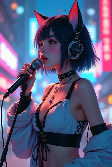  cyberpunk,  cat ears,  headset , music, Singing , Two-pronged, Pretty girl,  full body, cute fashion,  Neon Sign ,  Japanese Anime Picture, fantasy fashion, 