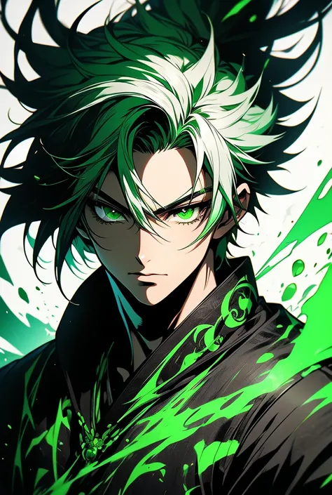 anime art style, male in his 20s, green acid aura, samurai clothing, slim but strong body, short two tone black and white hair, green eyes, cool green eyes, detailed green eyes, abstract dark background
