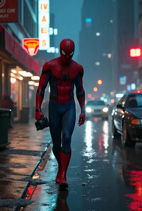 spiderman in rain on the street with camera photographing
