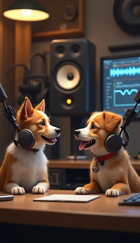 Two dogs sitting on a podcast in front of microphones, discussing, super realistic