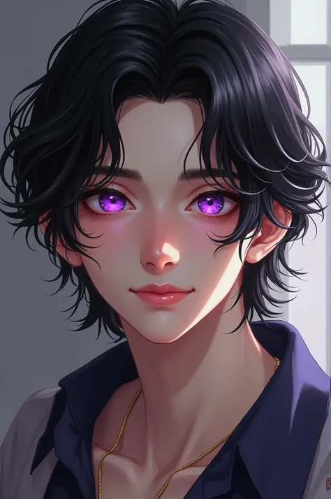 handsome teenage man, With bright purple eyes,  with long eyelashes ,  pale skin and long silky black hair . With delicate features and a beautiful face;  smiling slightly and charming and sexy expression.