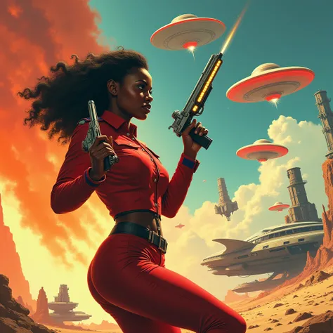 1940s pop art。Attack of the Flying Saucers 。beautiful black female officer。earth defense force。 holding a ray gun 。Jet Black Skin。 retro future of advanced vehicles。