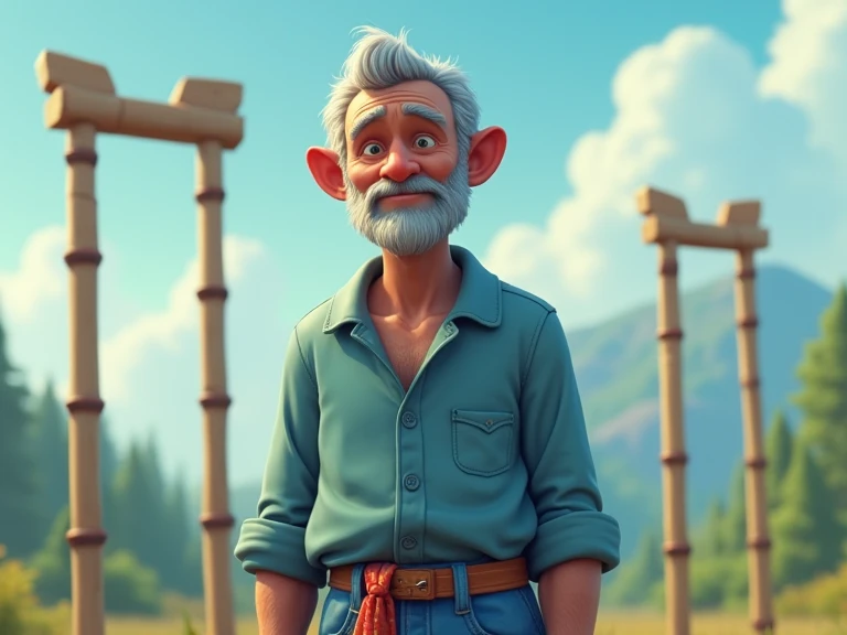 A gray-haired old man wearing an old blue shirt, blue shorts at the waist with a bandana, a man wearing an old white shirt. The background has bamboo crutches behind him, there is a clear sky, a distant background with mountains, trees, 3D cartoon painting...