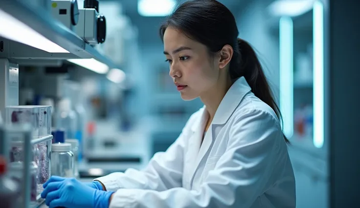  An adult woman,  wears a white lab coat , be in a state-of-the-art laboratory.  The contrast between the struggle in the village and the scientific success creates an emotional feel and inspiring."