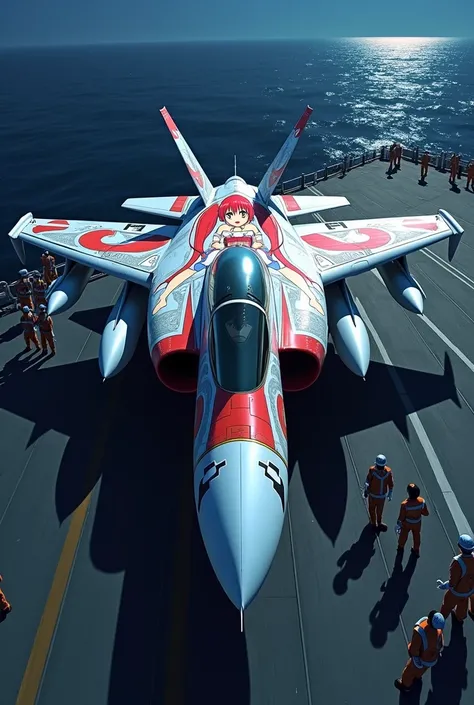 Draw cute detailed animated images on the surface of the  fighter aircraft、Stealth fighter 、Draw on the aircraft with wrapping art depicting detailed Japanese anime girls、 A cute girl with red hair and a twin-tail hairstyle is drawn with wrapping art、Pictu...