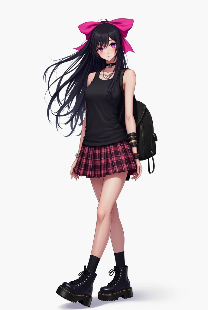  A girl dressed in emo style black tanktop and a short pink plaid skirt and wearing rockstar shoes and wearing a backpack,  and long black hair with pink ribbon , white studio background ,  standing and exposing a confident and slightly edgy expression 