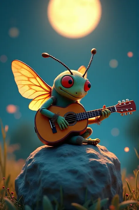 Create 3d cartoon image of cicada sitting on rock while holding guitar in illuminated realistic moonlight size 9:12