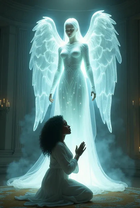  A tall transparent male Angel of God dressed  !
 Filled with diamond

Help a young, chubby black woman 
 Praying to God in his room.


The angel is positioned behind the young man  