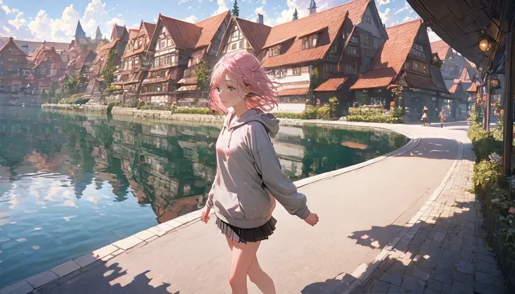 8k,17-year-old female， is putting her hands in an extremely delicate and beautiful , beautiful and realistic skin ,  long, shiny pink hair, symmetrical ,Walking freely on the road while looking at the lake from a clear lake-side promenade with a close view...