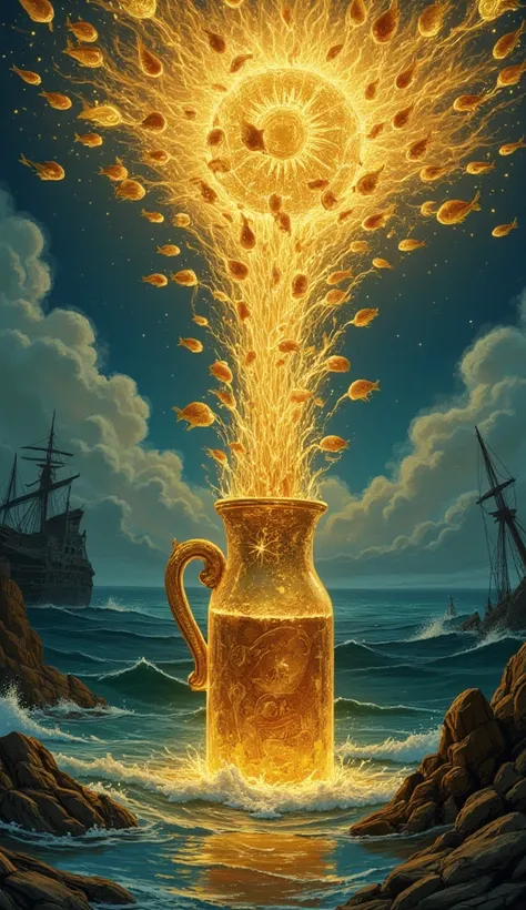 The fishs golden notes rise to crescendo, their harmonies so powerful that the golden ripples escape the jug and spread outward across the surrounding ocean. The waves momentarily turn calm, and the wreckage of the ancient ships seems to glow with new life...