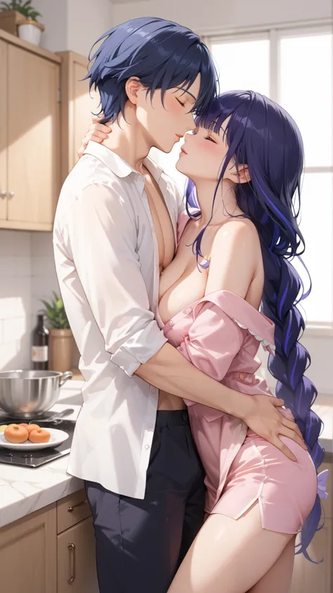 1woman, raiden shogun (genshin impact), wearing white buttoned shirt, cleavage, wearing short pencil skirt, 1boy, scaramouche (genshin impact), wearing pajama, hug, passionate kissing,  blushing, standing pose, inside kitchen, morning