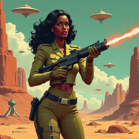 1940s pop art。Attack of the Flying Saucers 。beautiful black female officer。earth defense force。Holding a laser gun。Jet Black Skin。 retro future of advanced vehicles。