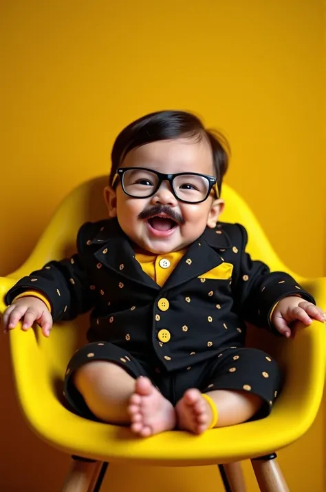 ((best quality)), ((masterpiece)), (detailed), perfect face, In the warmth of a vibrant yellow chair, a cute Malay baby laughs. wearing black glasses, with a mustache The boy, dressed in a bright and patterned black suit, exudes pure and innocent joy. With...