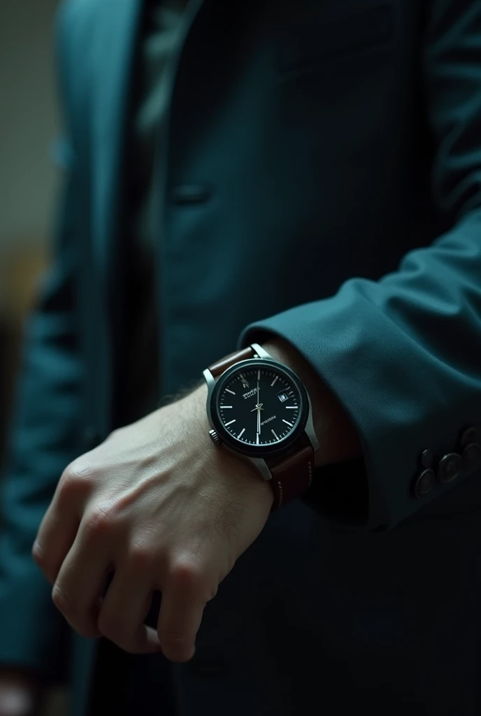 Close up of a man on a movie audition set checking the time on his watch, nightmare, dream-like, highest definition, highest details, highest quality 