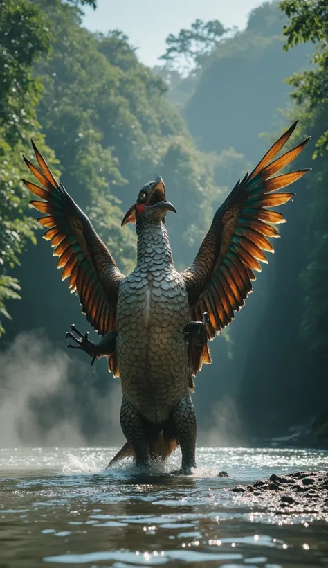 A cinematic depiction of a hybrid creature forged from a macaw and an arwana fish, standing dominantly at the edge of a jungle river. The beast has a muscular, streamlined body covered in metallic scales that shift in color under the light, resembling the ...