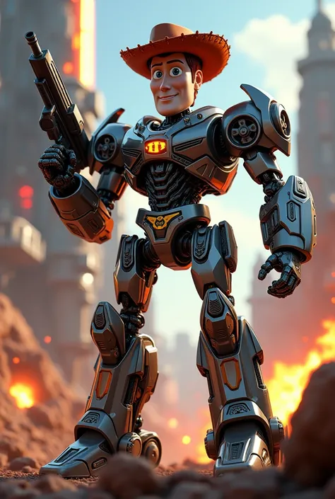 a highly detailed, photorealistic, 8k, dynamic, action-packed scene of Woody the cowboy toy from Toy Story, who has been transformed into a powerful robotic Autobot with a car/truck vehicle mode, wielding a high-tech gun in his left hand, surrounded by a f...