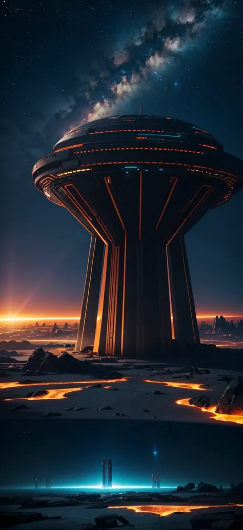 Ultra HD, 4K, HDR, 8K, "A futuristic, cinematic sci-fi scene featuring a vast alien landscape dominated by colossal, monolithic structures rising from the ground. The structures are angular, fragmented, and impossibly large, made of dark metallic materials...