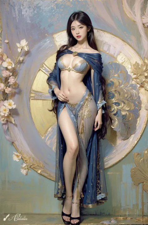 Beautiful Asian woman, blue and gold voile lingerie, navy blue voile long robe, gold gilded background 