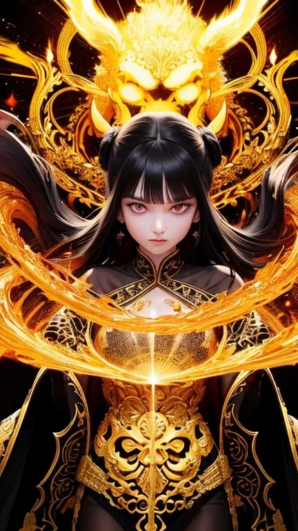  golden pattern on black robe　 black hair and chignon hair 　 slit eyes 　Purple Eyes　Lame around the eyes　high nose　Pale lips　 mocking 　 incense burning 　 riding a giant golden skull　Lightning is running 