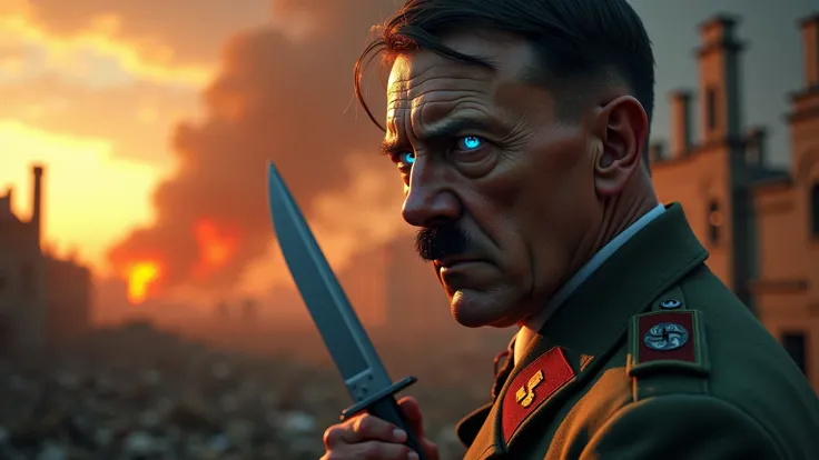 Adolf Hitler is in the right corner of the image, looking at the camera with evil , with blue eyes. Hes wearing a military uniform .  there is destruction all around you and you can see the sunset in the sky. Hitler only occupies the right side of the imag...