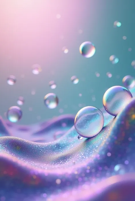 3D Rendering， iridescent bubbles on purple and green gradient background， with wavy lines --ar  :35 --v 6 .0