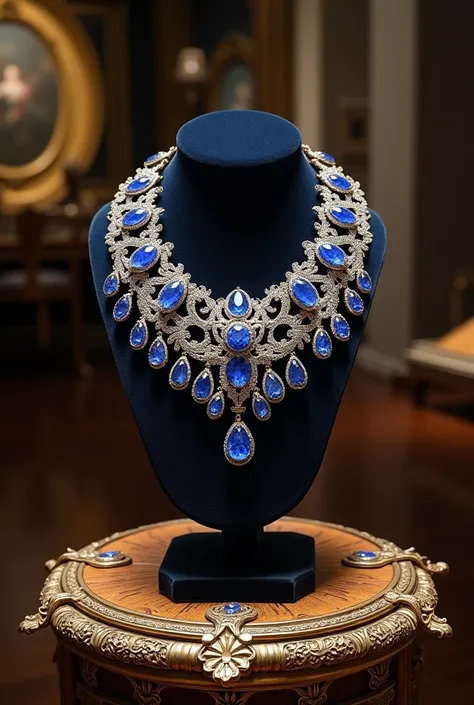 necklace with sapphires on a venetian work pedestal、 jewelry、16th century masterpiece 、 very valuable 、 perfect and wonderful 