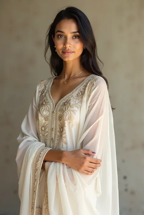 a indian adult girl wearing beautiful white long kurti and posing
