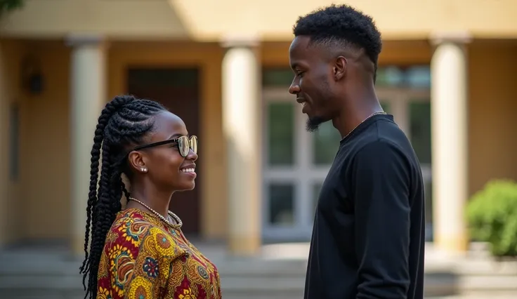 A young handsome black man with low cut and a black long sleeve shirt and jeans trousers talking to a young beautiful black woman with corn row wearing dashiki and clear glass outside the lecture hall in an African university