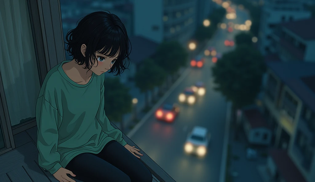 A beautiful Japanese girl in a green tracksuit, loose black pants and short wavy hair is leaning on a balcony railing and looking from above. Her eyes are looking down. There are cars and motorbikes below the balcony. Top view and front view at night