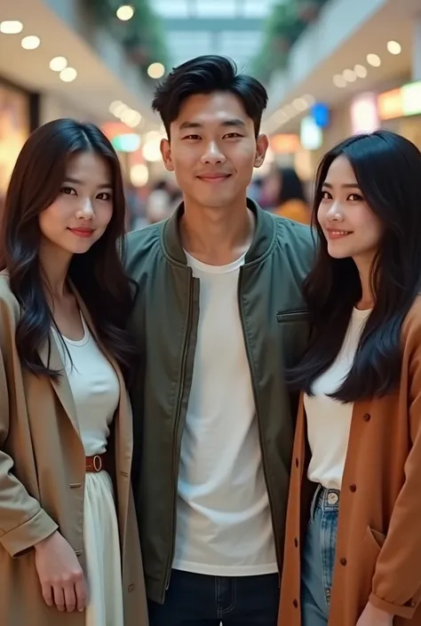 close up photo of an Indonesian man with Korean height, wearing a t-shirt and jacket, together with 3 Indonesian women,wearing a short dress with Korean womens jacket outerwear, looking to the front and smiling faintly, shopping center background, looks de...