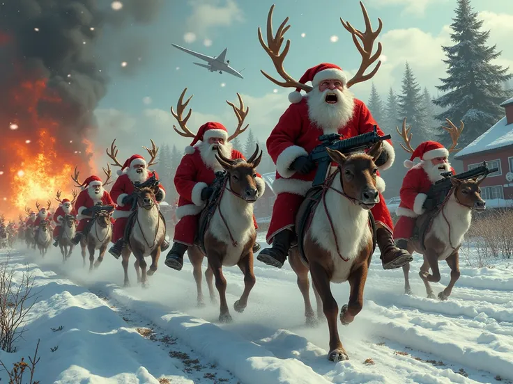  Lots of Santa Clauses shooting machine guns, (トナカイに乗っている:1.5), (very angry face:1.5), Snow Village , Big Explosion,  Burning Village , School on Fire ,  Village Bombed by Lots of Bombers 