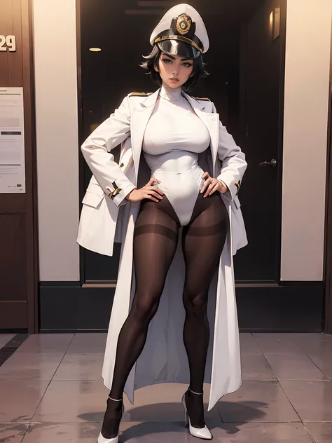 sui-feng,Gorgeous and sultry busty athletic (thin) black hair woman with sharp facial features,short hair,full body photo,small waist,wide hips,((officer,military,tall,pantyhose,black turtleneck leotard,white long coat,high heels)),huge breasts