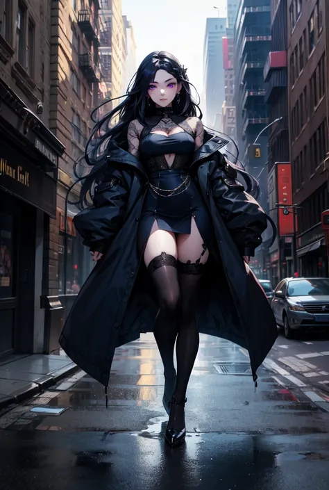 A gurl with long navy blue hair, purple eyes, long lashes, an eyebrow piercing, as well as nose and ear pircing, she is a goth girl and has a dark color pallet and attite. You can see her full body, she is wlaking down the streets of new york