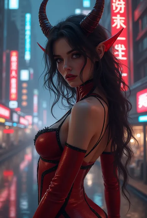 best quality, masterpiece, realistic photo, intricate details, ultra detailed, HD quality, 8K, sexy lady demon succubus without wings in a provocative pose, Modern Cityscape