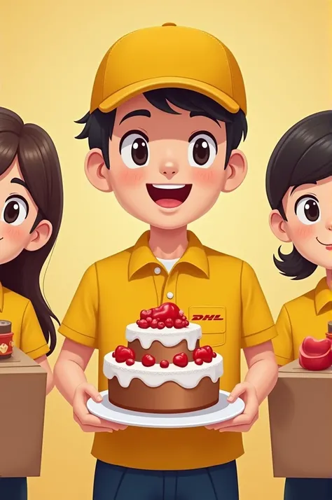 Hong Kong DHL a group of Delivery Clerk Man Woman Receiving Cake Smiling Face Cartoon Yellow Hat Front