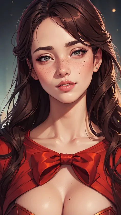 uma mulher nua com as mãos atadas com um grande laço de presente com vários presentes ao seu redor , E enfeites de Natal com as duas mãos atadas a close up of a woman with freckles on her face, lois van rossdraws, rossdraws portrait, alena aenami and artge...