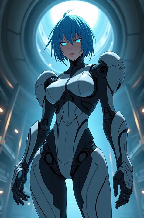 ( Masterpiece,  Best Quality :1.2), Arcee (Transformers Prime), 1 girl, Meca, Alone, robot, breasts, Blue eyes, Autobot,  no human, blue lips,  science fiction ,  round, (Futuristic prison ), (((( arms behind your back)))), ( upper body), angry, anime