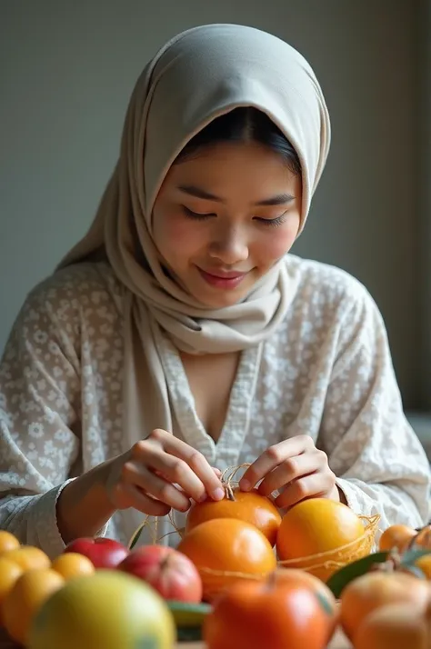  Create a picture of indonesian woman age 30 with a slight smile ,wearing a rectangular headscarf , wearing white floral print , sitting while making up fruit parcels using ribbons and plastic, high quality hd photo 8k professional photographers  